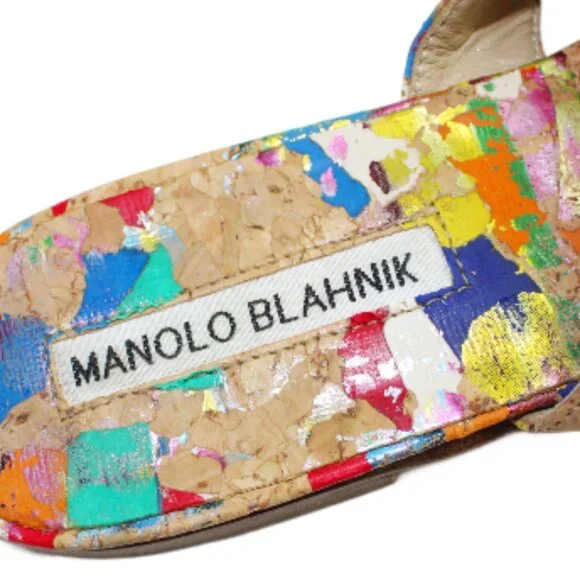 Manolo Blahnik Susa Spatter Paint Cork Flat Sandal Size 6.5 - Picture 9 of 10